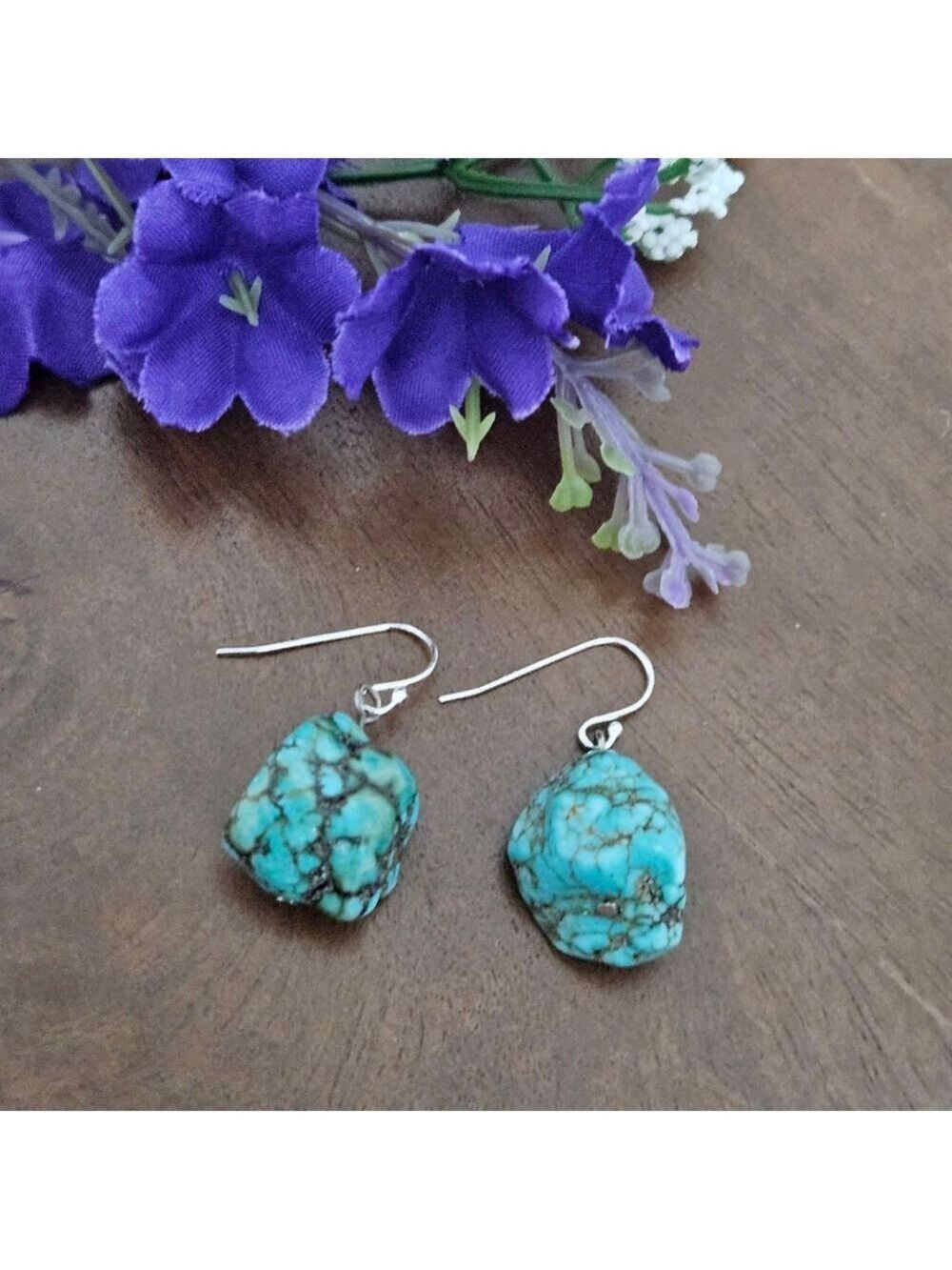 Vintage Sterling Silver Turquoise Nugget Stone Women's Earrings